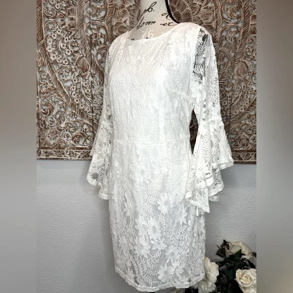 Lulus Allure 'Em In White Lace Bell Sleeve Bodycon Boho Fairycore Mini Dress - Picture 6 of 16
